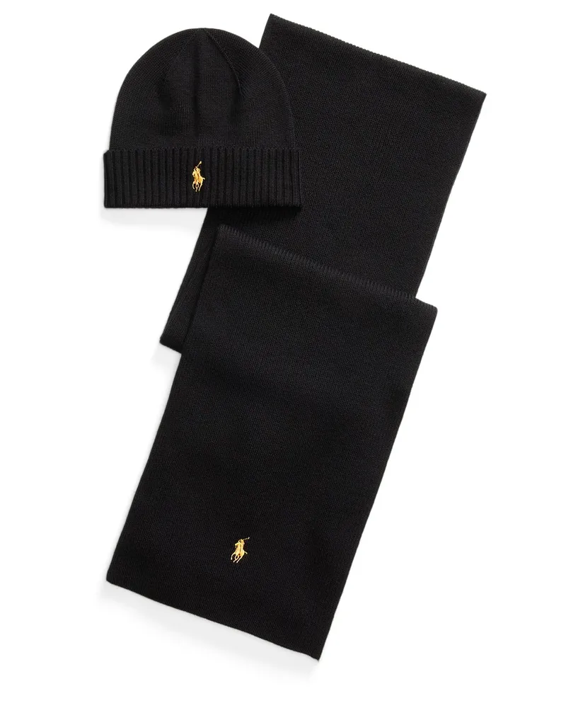 Ralph Lauren Set aus Mütze und Schal aus Wolle mit Logo-Stickerei in Schwarz