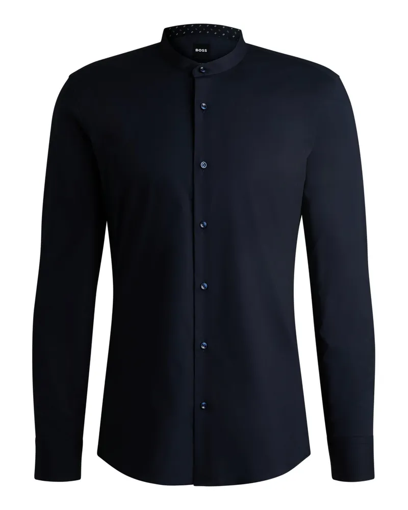 HUGO BOSS Bügelleichtes Stretch-Hemd mit Stehkragen, Slim Fit in Marine