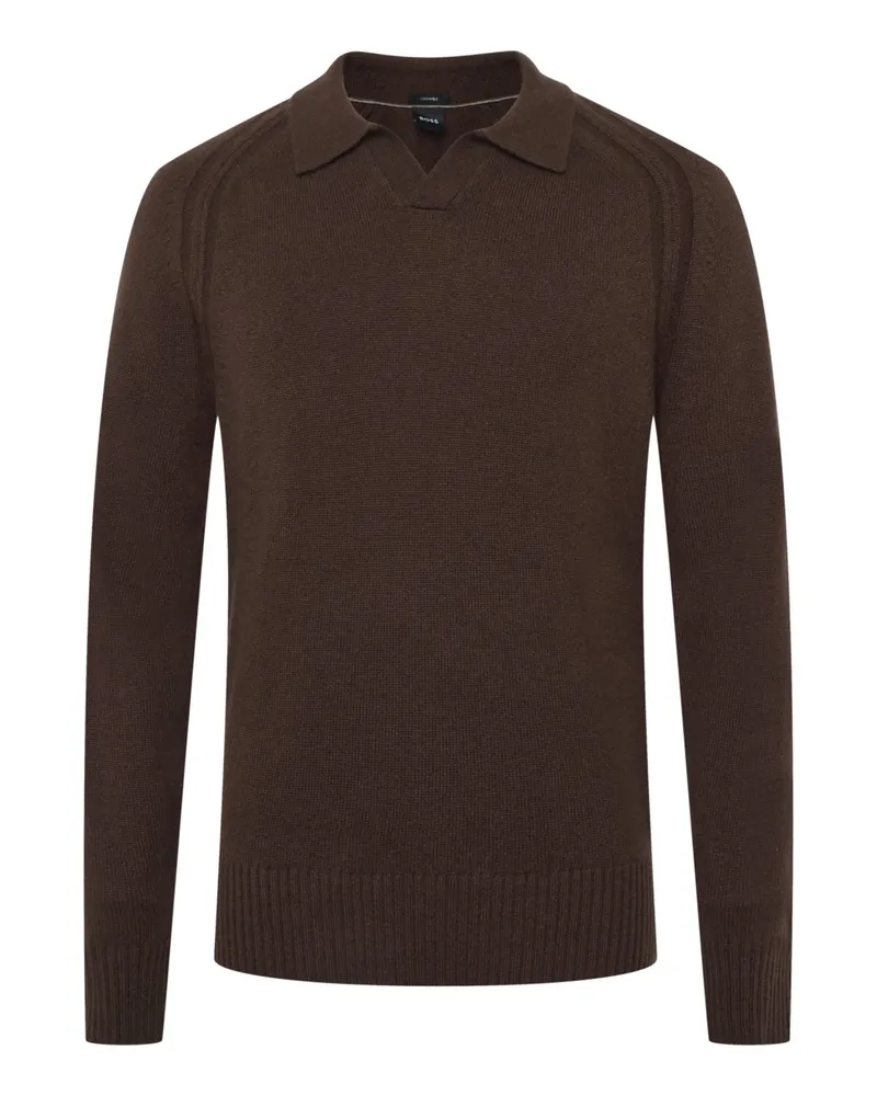 HUGO BOSS Langarm-Strickpoloshirt aus Kaschmir mit Variokragen in Braun