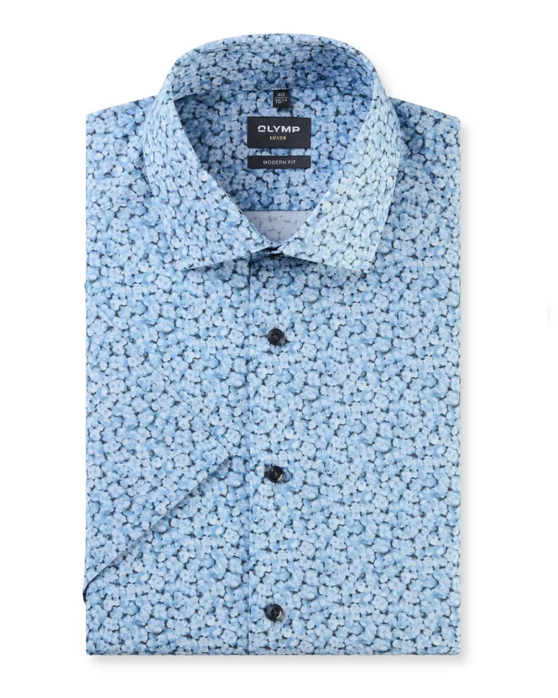 Olymp Luxor, Modern Fit, Kurzarmhemd mit floralem Print in Hellblau