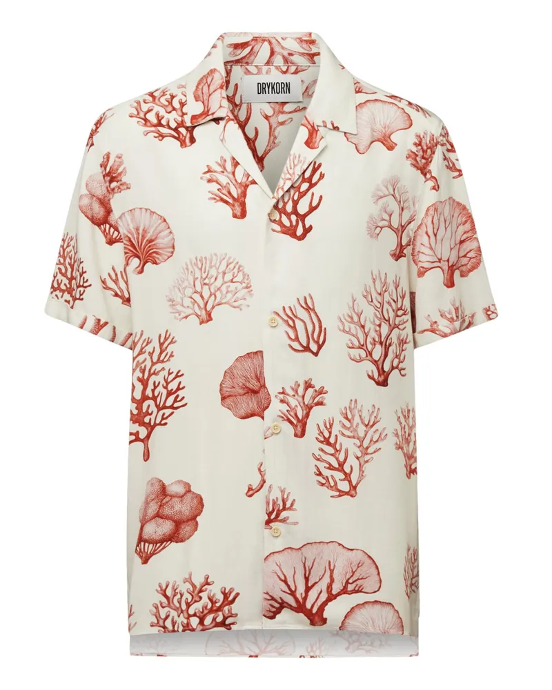 Drykorn Glattes Kurzarmhemd mit Korallen-Print und Resort-Kragen in Offwhite