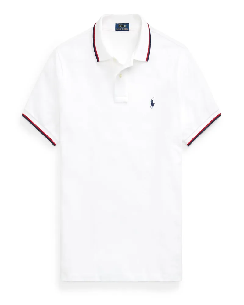 Ralph Lauren Piqué-Poloshirt mit Kontraststreifen und kleiner Pony-Stickerei, Custom Slim Fit in Weiß
