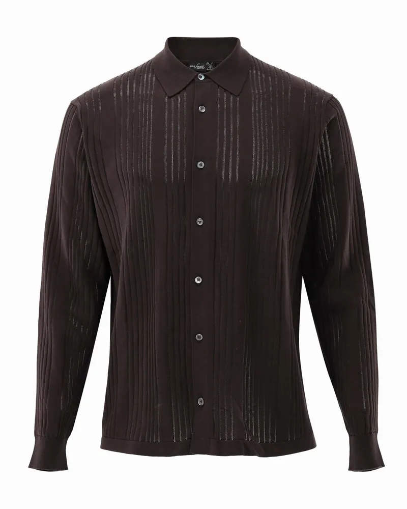 van Laack Strickhemd aus gerippter Baumwolle mit Perlmuttknöpfen in Dunkelbraun