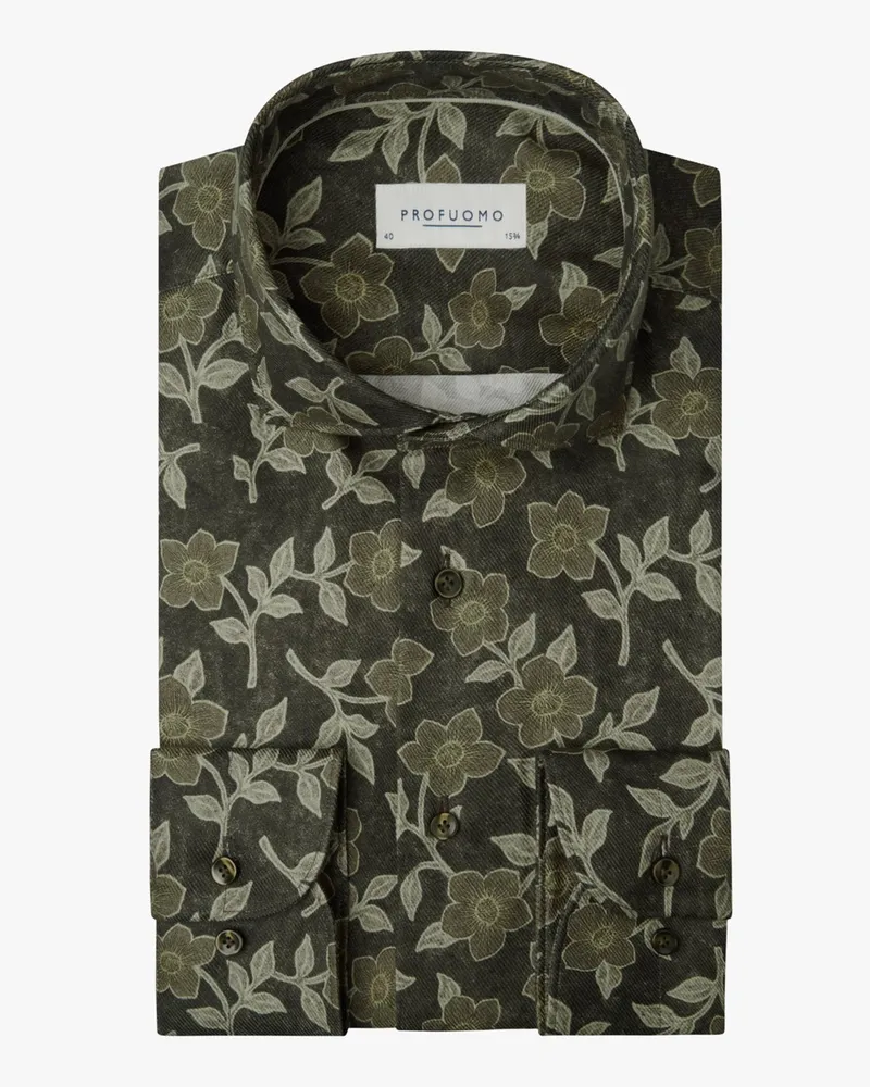 Profuomo Bügelfreies Twill-Hemd mit floralem Allover-Print, Slim Fit in Oliv