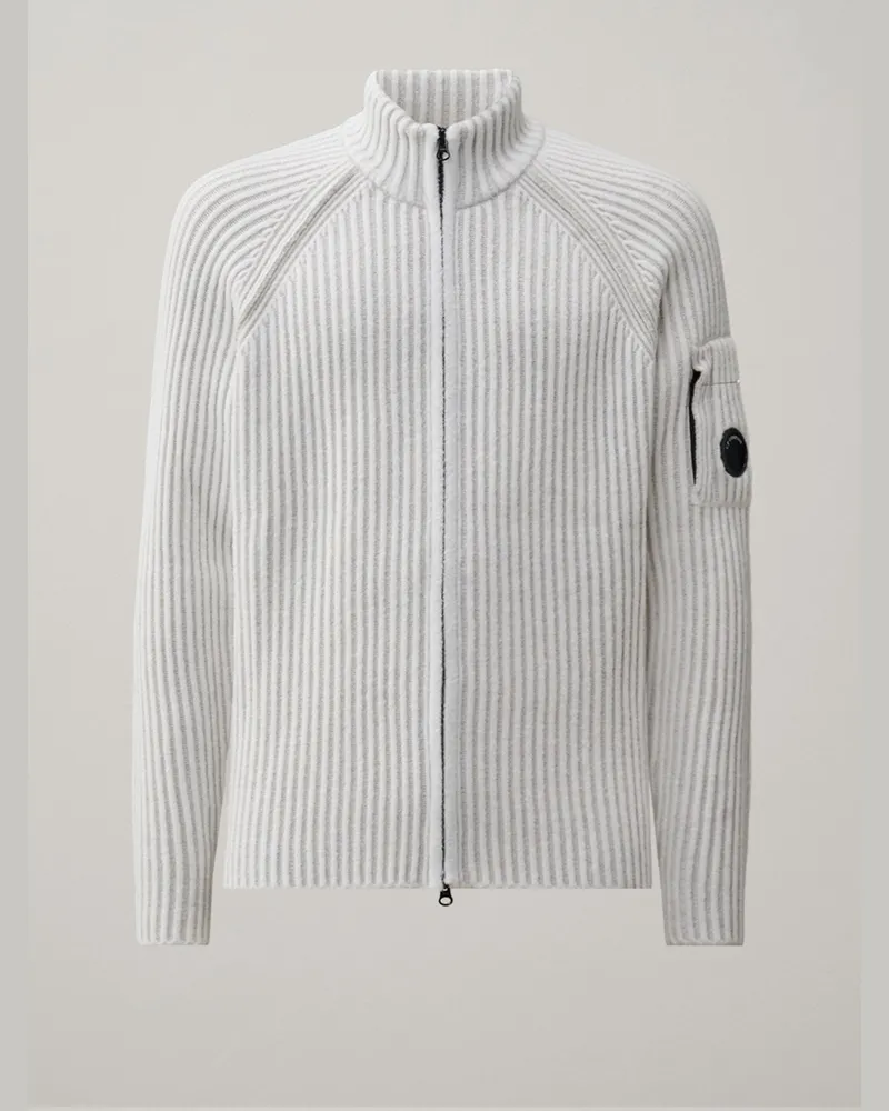 C.P. Company Softer Cardigan in Bicolour-Rippstrick mit Stehkragen und Zip in Offwhite