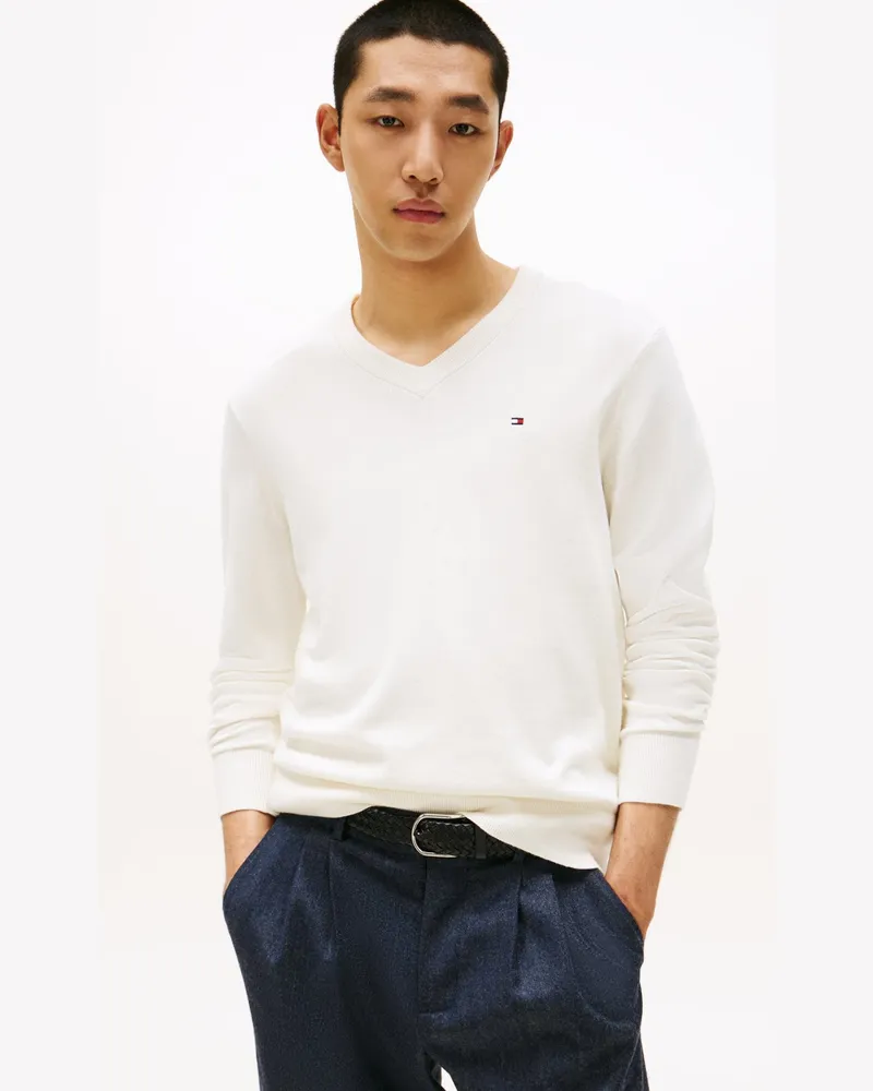 Tommy Hilfiger Leichter Pullover mit Kaschmir und V-Ausschnitt in Offwhite