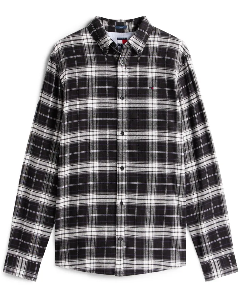 Tommy Hilfiger Flanellhemd mit Karomuster und Flag-Stickerei, Regular Fit in Schwarz