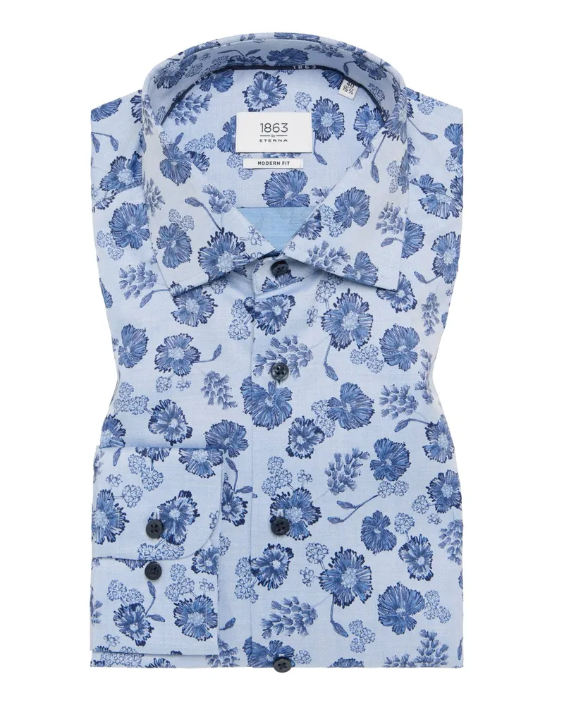 Eterna Baumwellhemd mit floralem Print in Vollzwirn-Qualität, Modern Fit in Hellblau