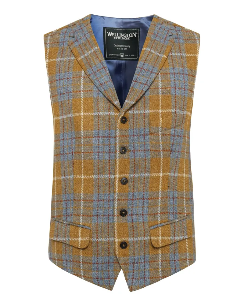 Wellington of Bilmore Einreihige Anzugweste aus Harris Tweed mit Reverskragen und Fischgrät-Webmuster in Gelb