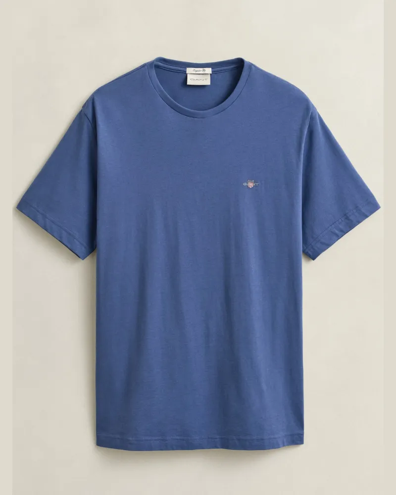 Gant Unifarbenes T-Shirt mit Logo-Stickerei, Regular Fit in Mittelblau