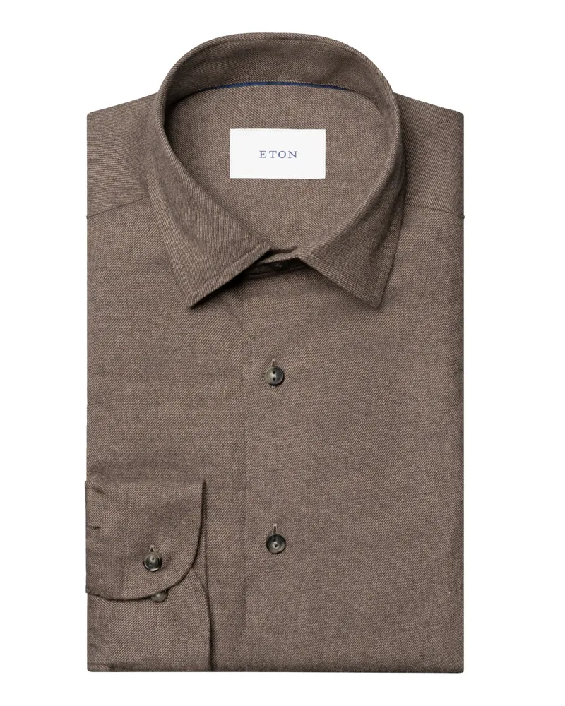 Eton Flanellhemd mit feinem Diagonalstreifen, Casual Fit in Braun