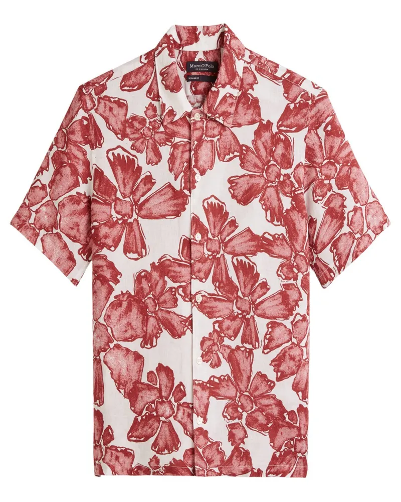 Marc O'Polo Kurzarmhemd aus Leinen mit floralem Print, Regular Fit in Rot