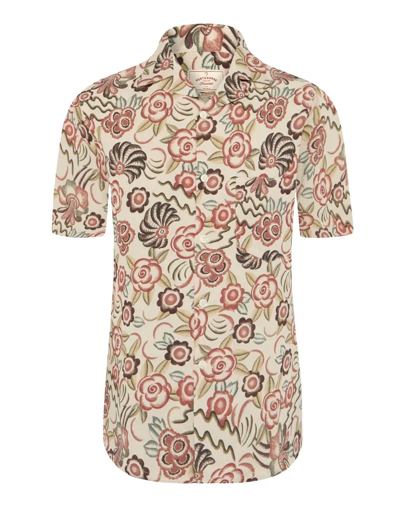 Portuguese Flannel Kurzarmhemd aus einem Leinen-Baumwolle-Mix mit floralem Print, Regular in Natur