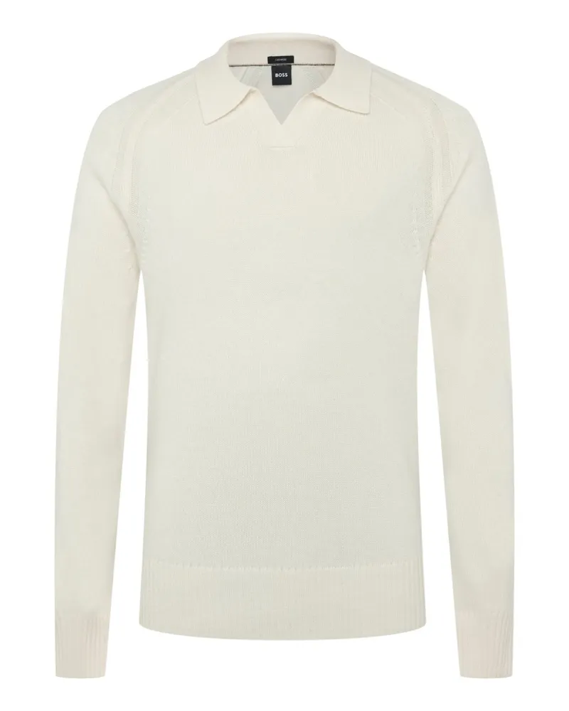 HUGO BOSS Langarm-Strickpoloshirt aus Kaschmir mit Variokragen in Offwhite