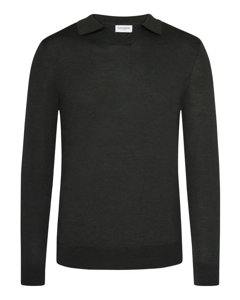 Tom Rusborg Glattstrick-Langarmpoloshirt aus Merinowolle mit Variokragen in Oliv