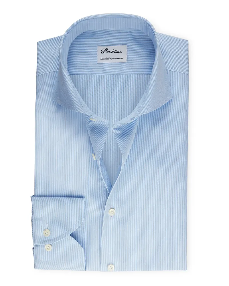 Stenströms Vollzwirn-Hemd mit Fineliner-Streifen und Haifischkragen, Regular in Hellblau