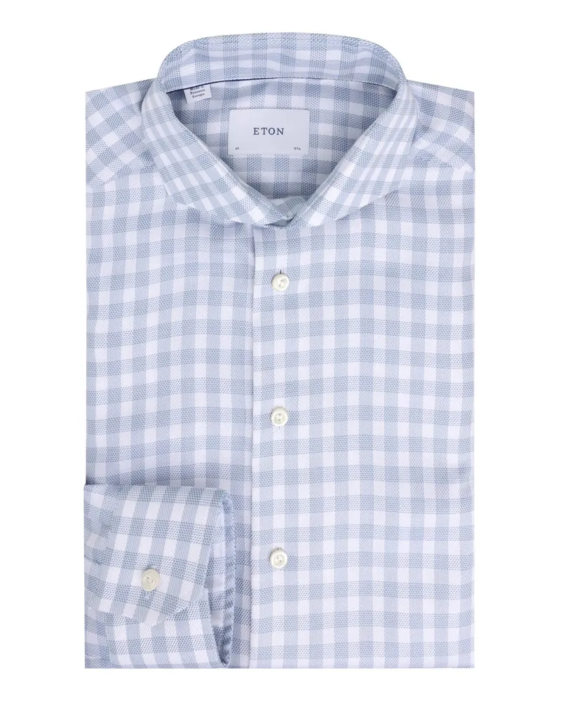Eton Knitterfreies Signature Twill-Karohemd mit Haifischkragen, Super Slim in Hellblau