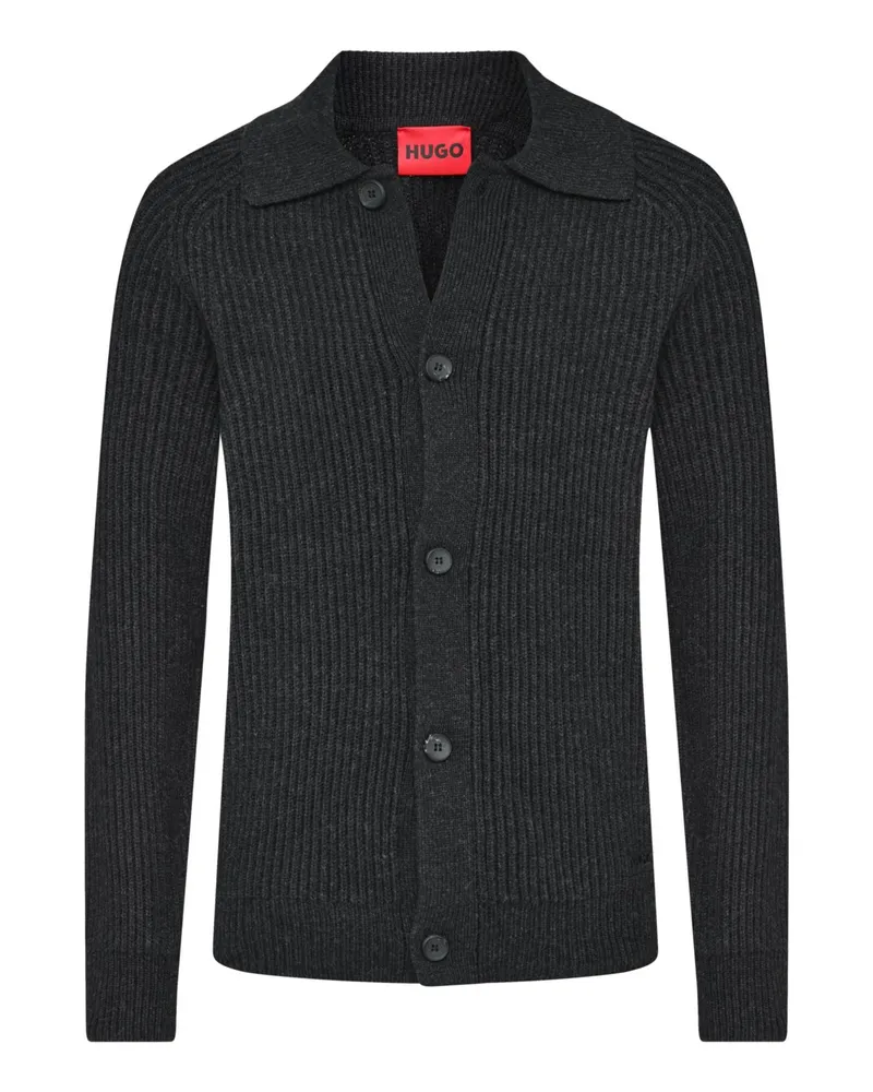 HUGO BOSS Rippstrick-Cardigan aus einem Wollmix mit Raglanärmeln in Schwarz