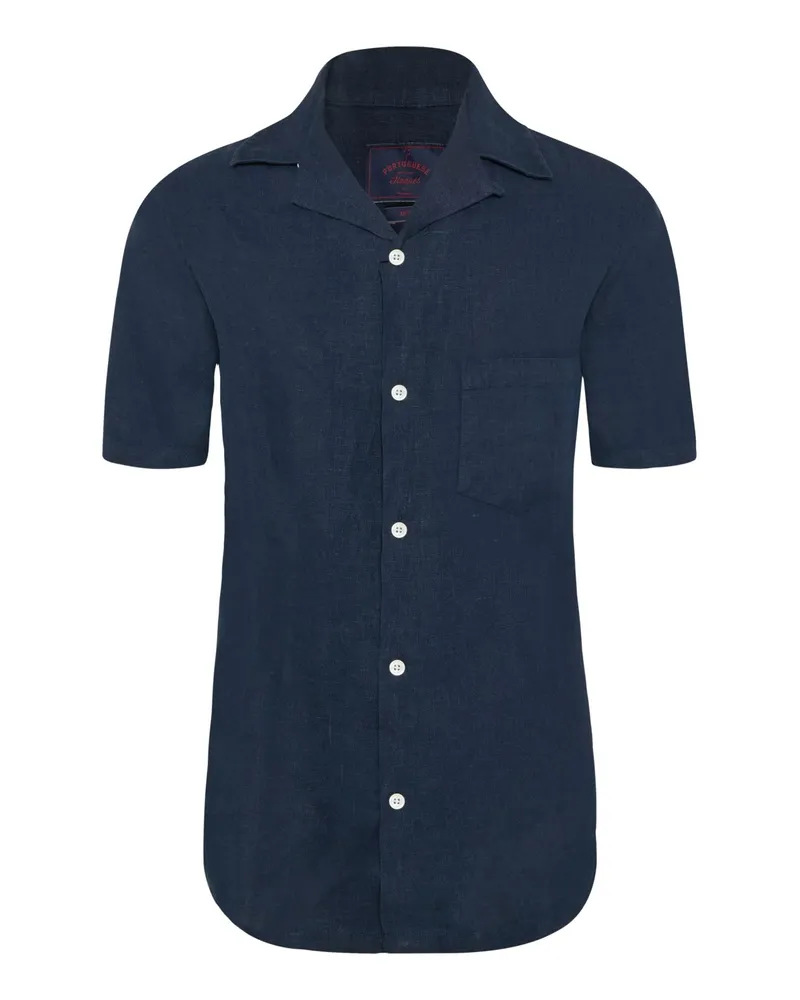 Portuguese Flannel Unifarbenes Kurzarmhemd aus Leinen mit Brusttasche, Regular in Marine