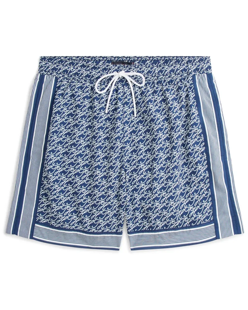 Tommy Hilfiger Glatte Badehose mit Monogramm- und Streifen-Print in Marine