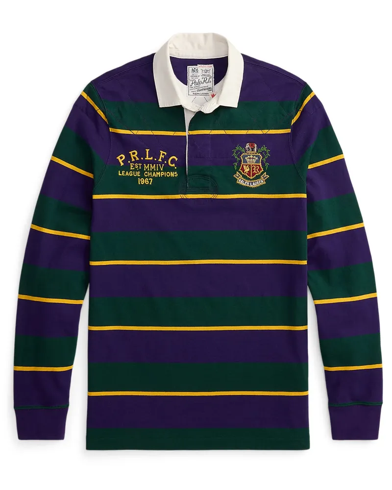 Ralph Lauren Rugbyshirt mit Ringelmuster und Stickereien, Classic Fit in Dunkelgrün