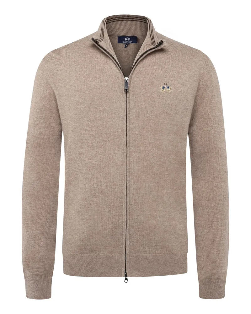 La Martina Softe Strickjacke mit Lammwolle und farbiger Logo-Stickerei, Regular in Hellbraun