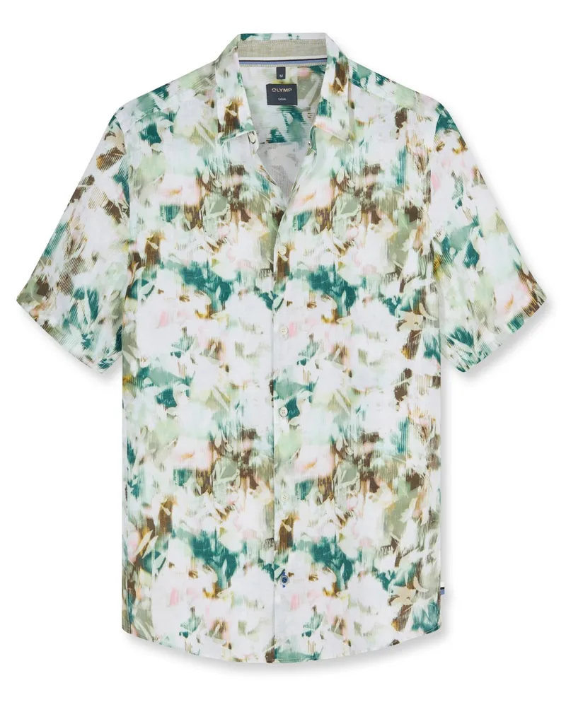 Olymp Casual, Regular Fit, Kurzarmhemd aus Leinen mit Print in Grün