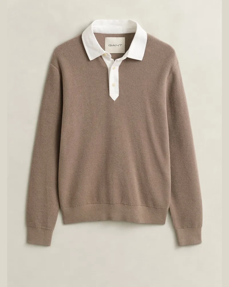 Gant Langarm Strick-Poloshirt mit Merinowolle in Braun