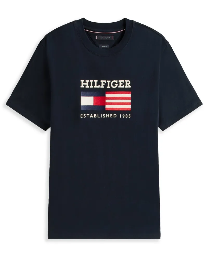 Tommy Hilfiger T-Shirt mit Label-Print und Flaggen-Aufnäher, Regular Fit in Marine