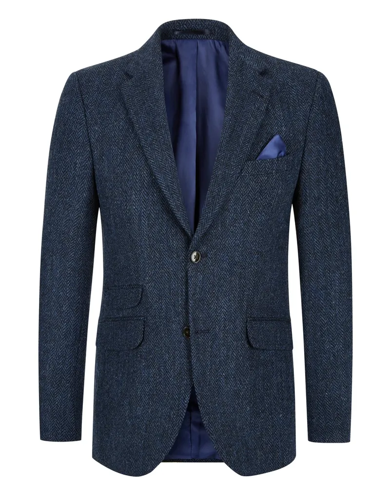 Wellington of Bilmore Harris-Tweed Sakko mit Fischgrätmuster, Regular Fit in Blau
