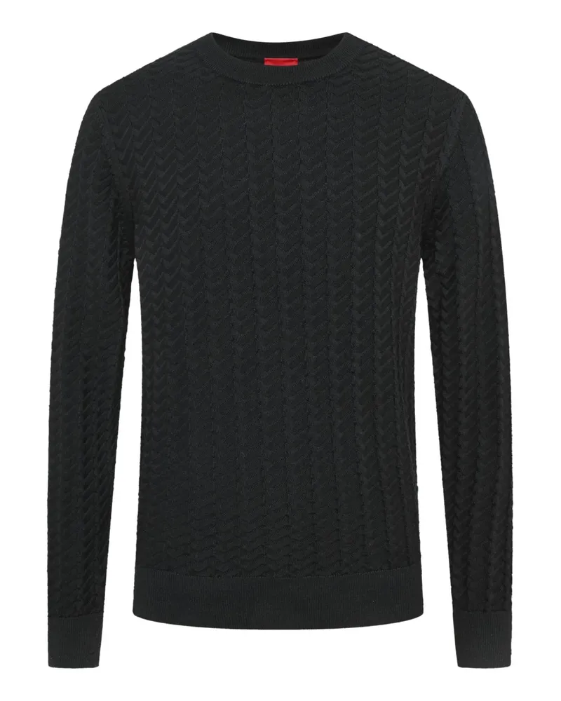 HUGO BOSS Softer Rundhalspullover mit geometrischem Strickmuster in Schwarz