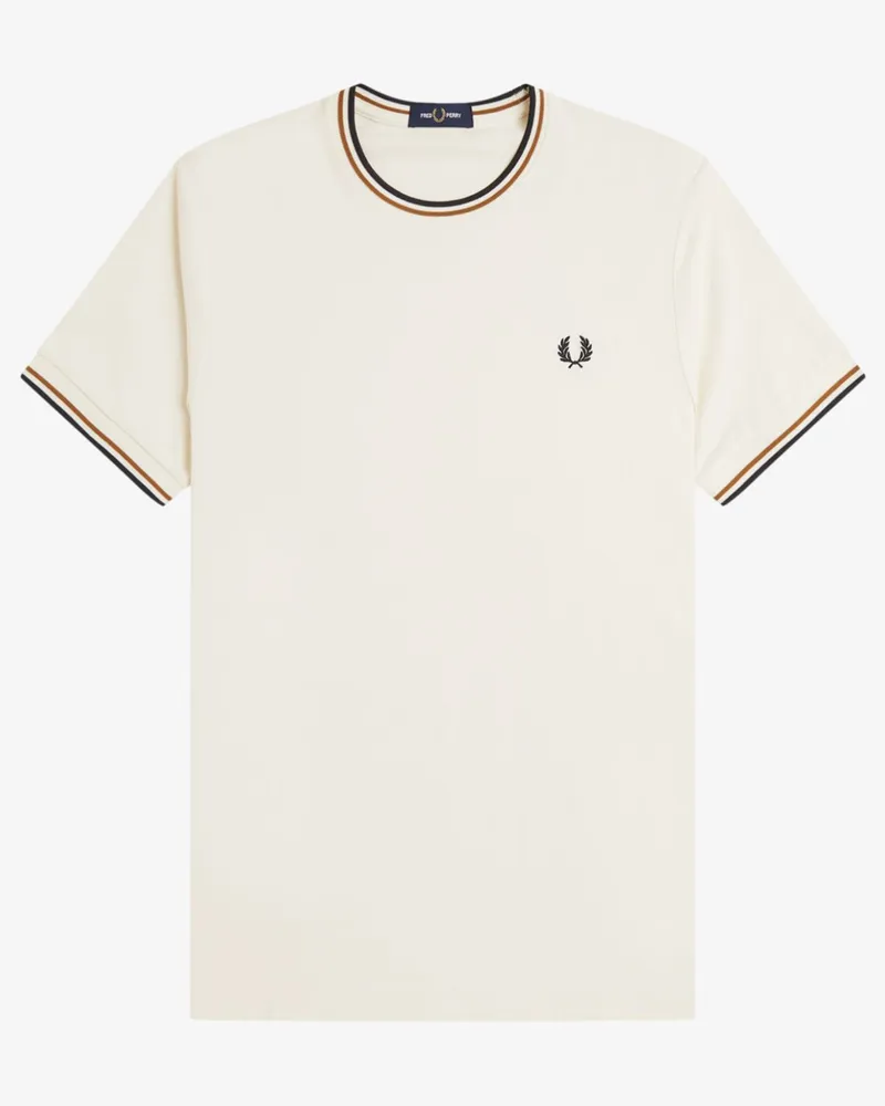 Fred Perry Softes T-Shirt mit Logo-Stickerei und Kontrastbündchen in Offwhite