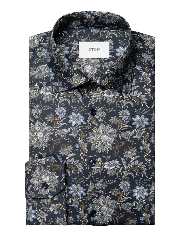 Eton Signature-Twill-Hemd mit floralem Print, Slim in Marine