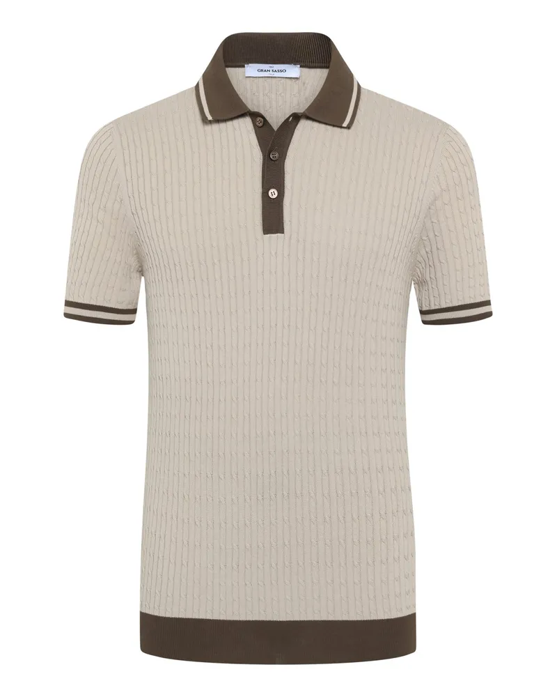 Gran Sasso Feinstrick-Poloshirt mit Zopfmuster und Kontraststreifen in Beige