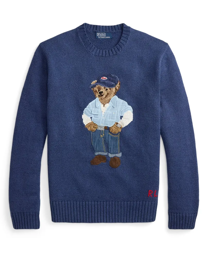 Ralph Lauren Rundhalspullover mit Polo Bear Motiv aus einem Baumwolle-Leinen-Mix in Blau