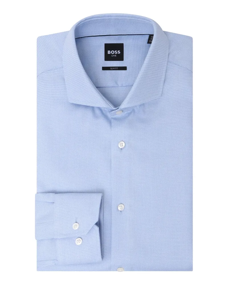 HUGO BOSS Hemd mit Pepita-Muster aus knitterfreier Getzner-Baumwolle, Slim Fit in Hellblau