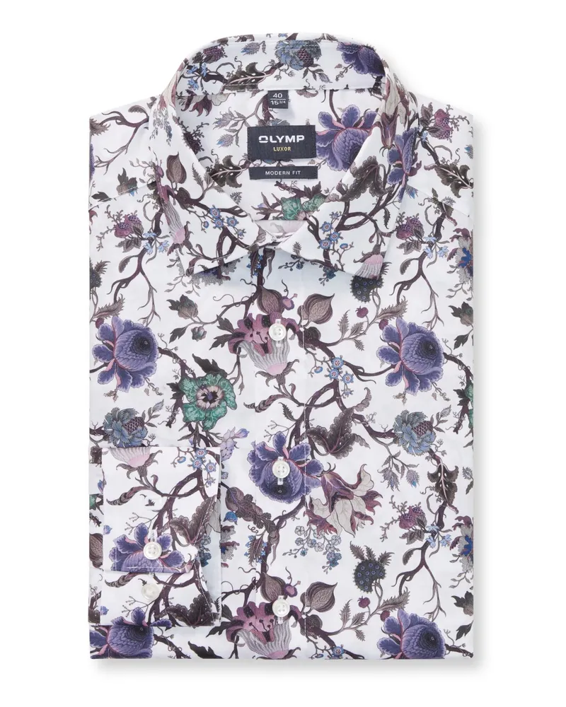 Olymp Luxor, Modern Fit, Baumwollhemd mit floralem Print in Lila