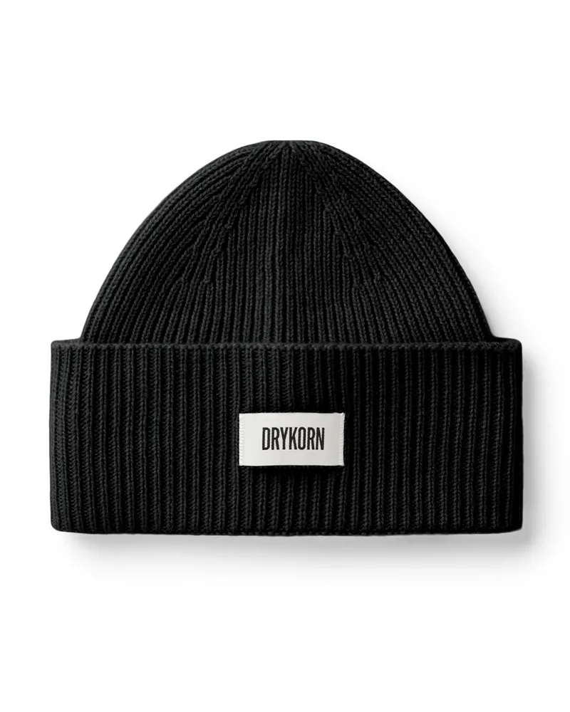 Drykorn Softe Strickmütze aus Kaschmir mit Label-Aufnäher in Schwarz