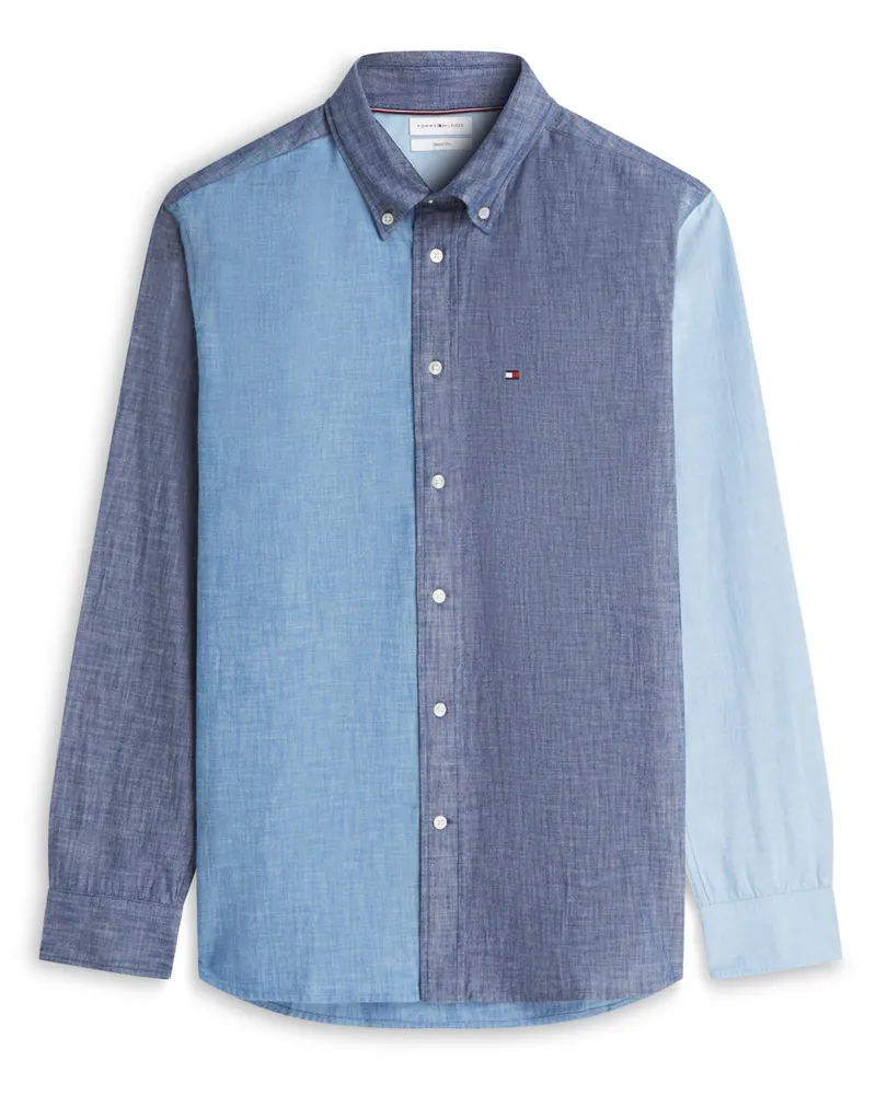 Tommy Hilfiger Chambray-Baumwollhemd mit Color-Blocking Muster, Classic Fit in Blau