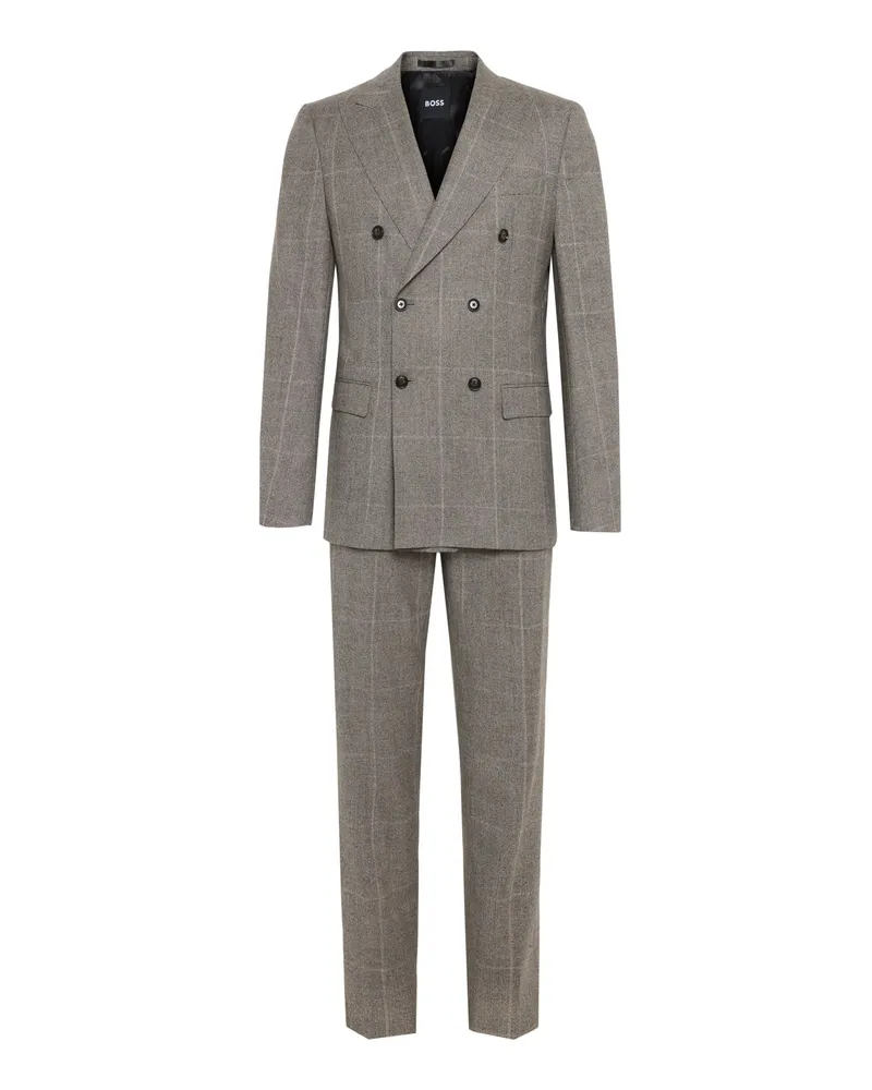 HUGO BOSS Karierter zweireihiger Anzug aus feiner Schurwolle, Slim in Beige