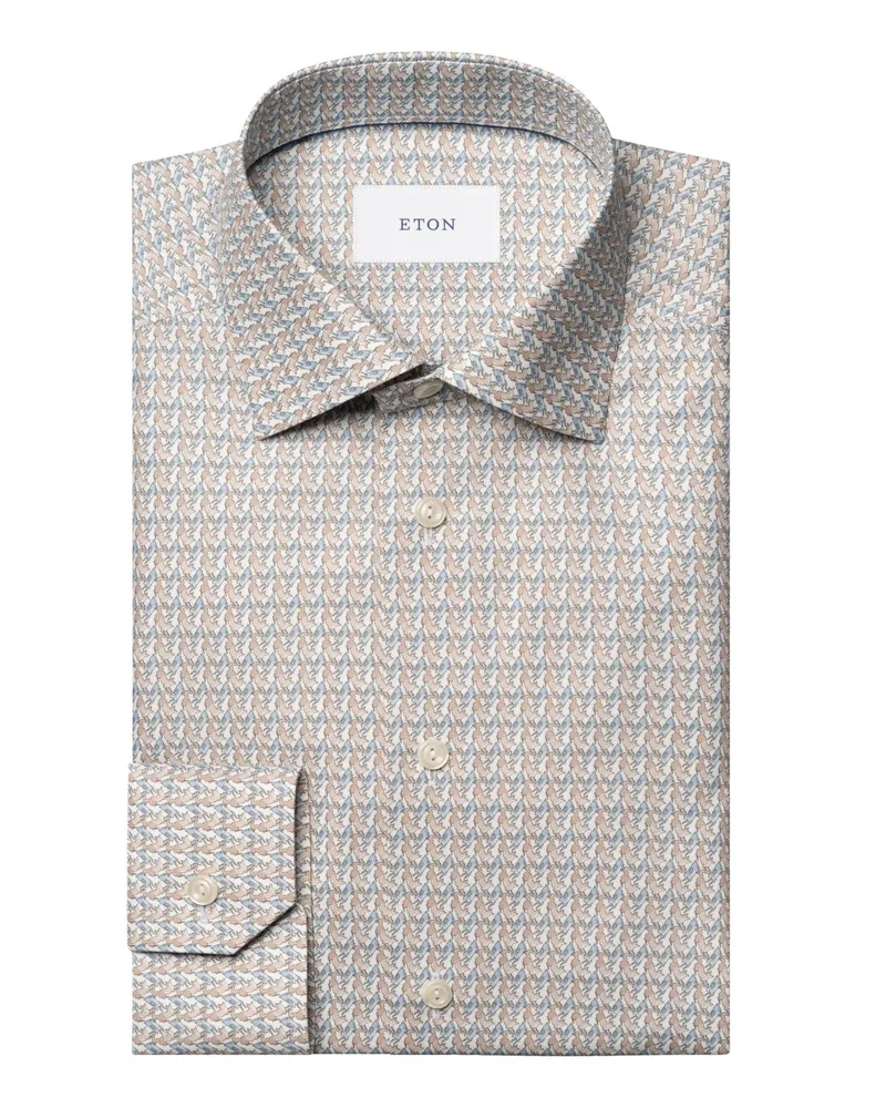 Eton Twill-Hemd mit Kleinmuster und Kentkragen, Slim in Beige