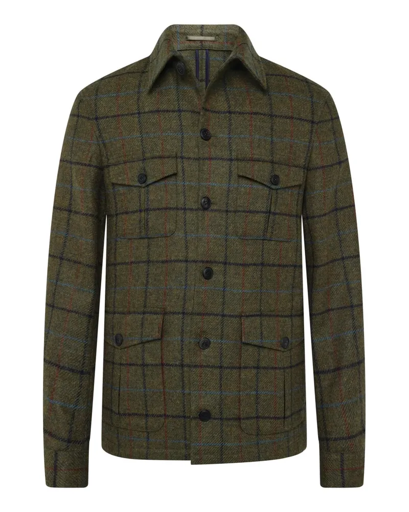 Hackett Woll-Overshirt mit Check-Muster und Umlegekragen in Grün