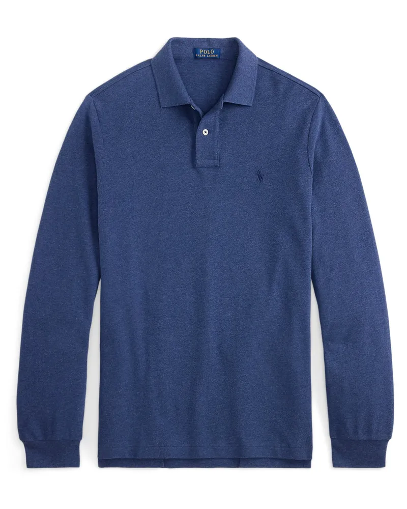 Ralph Lauren Piqué-Langarmpoloshirt mit Pony-Stickerei, Custom Slim Fit in Blau