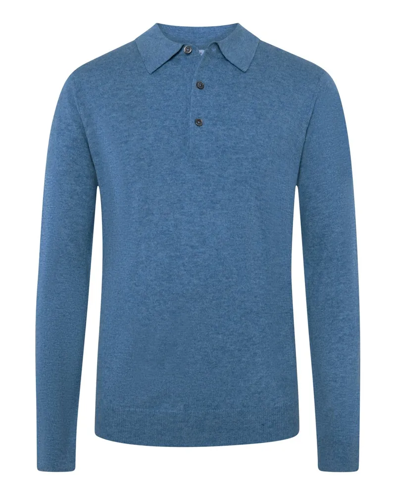 Tom Rusborg Glattstrick-Langarmpoloshirt aus Kaschmir in Mittelblau