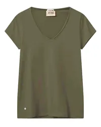 Mos Mosh T-Shirt TULLI mit V-Ausschnitt aus Baumwolle in Burnt Olive /Grün Grün