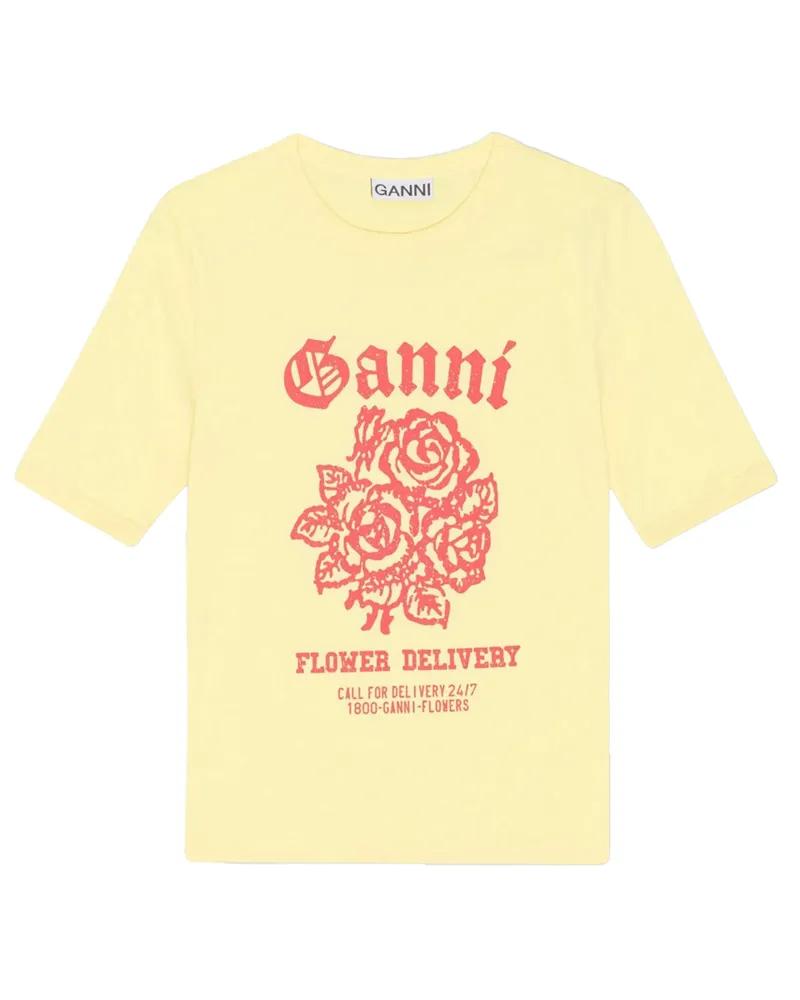 Ganni Shirt FLOWER FITTED mit Print in Yellow Cream bei/Gelb Gelb