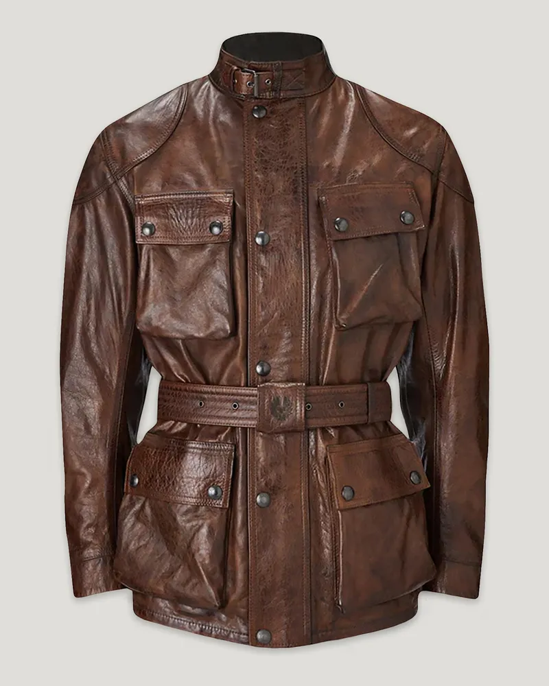 Belstaff Trialmaster Motorradjacke für Herren Hand Waxed Leather Cognacbraun S 