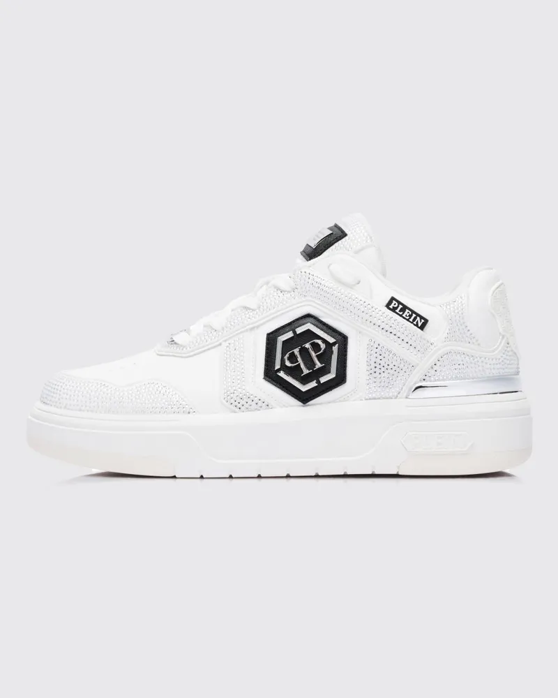 Philipp Plein SK8R Leder-Sneakers mit Strassapplikationen Weiß