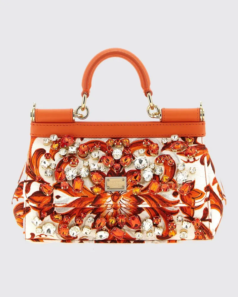 Dolce & Gabbana DOLCE  GABBANA Sicily Mini-Tasche Dolce & Gabbana aus Leder mit Majolika-Print und Kristallen Orange