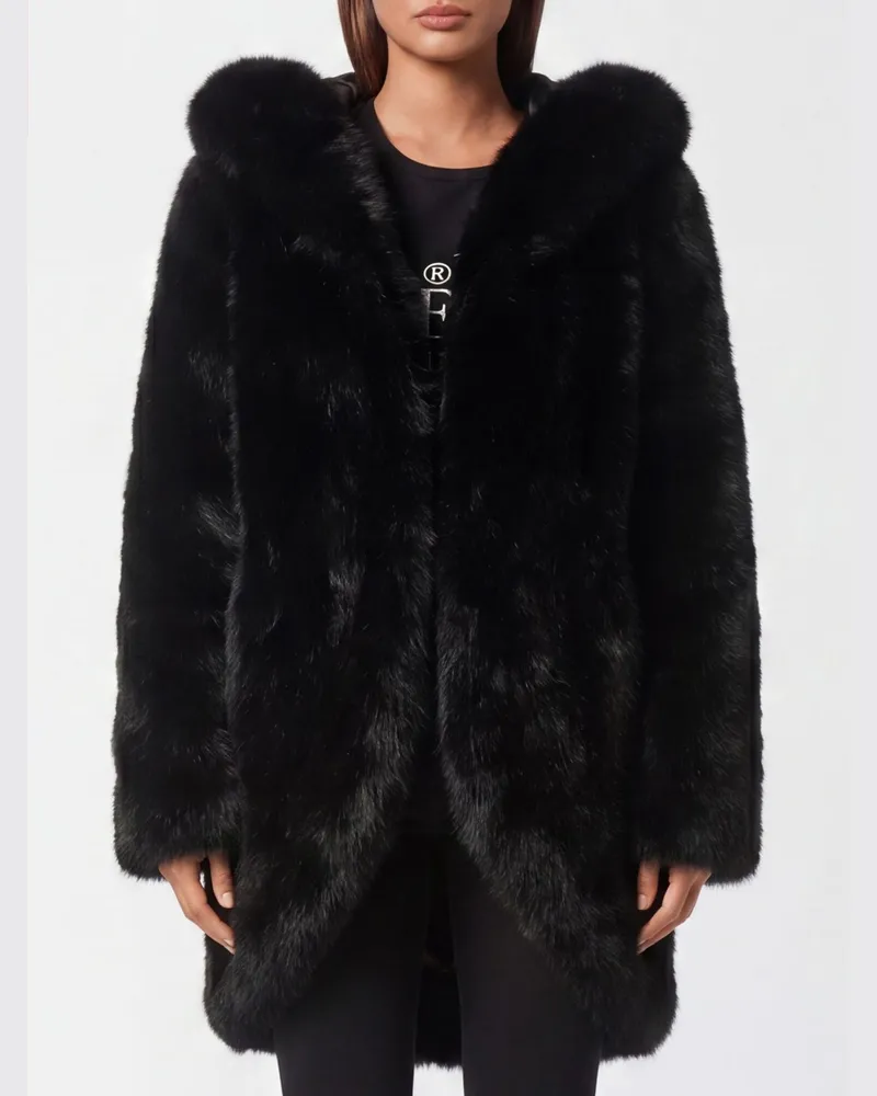 Philipp Plein Oversize-Fuchspelzmantel von mit Kapuze und Knielänge Schwarz